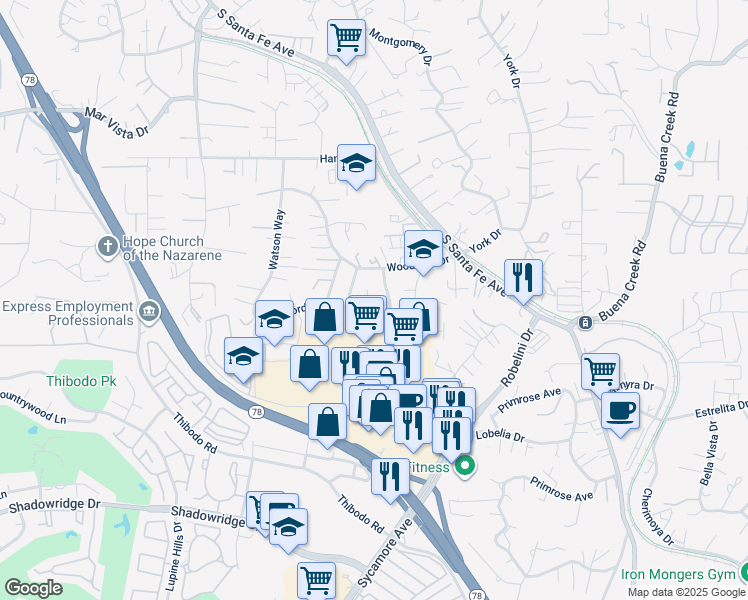 map of restaurants, bars, coffee shops, grocery stores, and more near 1816 Pecan Court in Vista