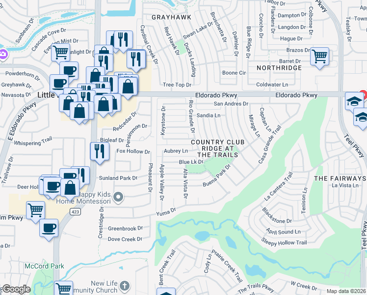 map of restaurants, bars, coffee shops, grocery stores, and more near 1364 Aubrey Lane in Frisco