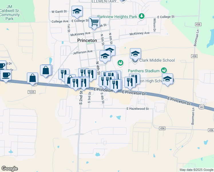 map of restaurants, bars, coffee shops, grocery stores, and more near 400 East Princeton Drive in Princeton