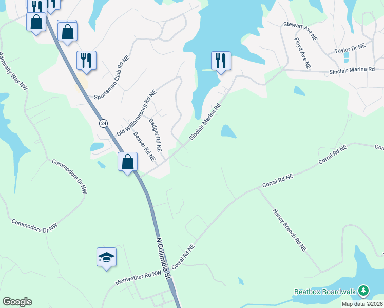 map of restaurants, bars, coffee shops, grocery stores, and more near 125 Sinclair Marina Road Northeast in Milledgeville
