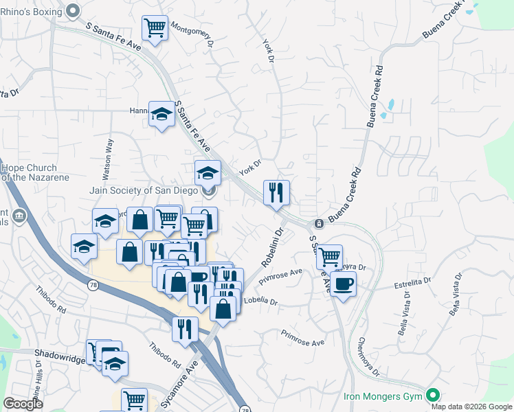 map of restaurants, bars, coffee shops, grocery stores, and more near 141 El Valle Opulento in Vista