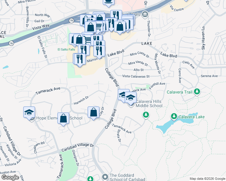 map of restaurants, bars, coffee shops, grocery stores, and more near 3720 Ridge Court in Carlsbad