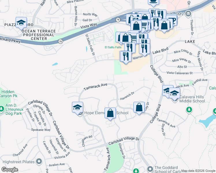 map of restaurants, bars, coffee shops, grocery stores, and more near 3620 Milford Place in Carlsbad