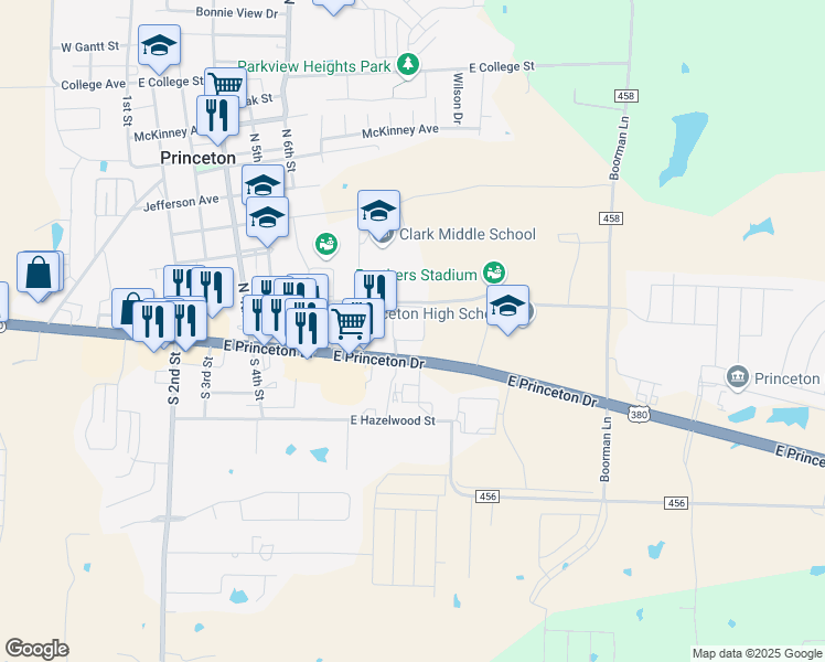 map of restaurants, bars, coffee shops, grocery stores, and more near 830 East Princeton Drive in Princeton