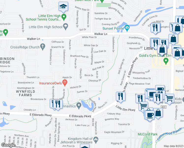 map of restaurants, bars, coffee shops, grocery stores, and more near 2313 Birch Drive in Little Elm