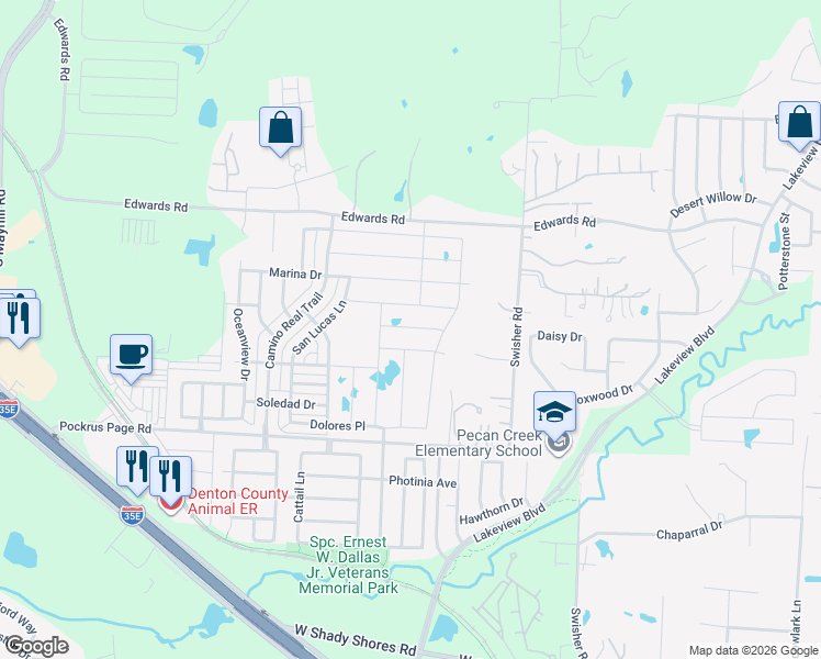 map of restaurants, bars, coffee shops, grocery stores, and more near 5817 Rio Road in Denton