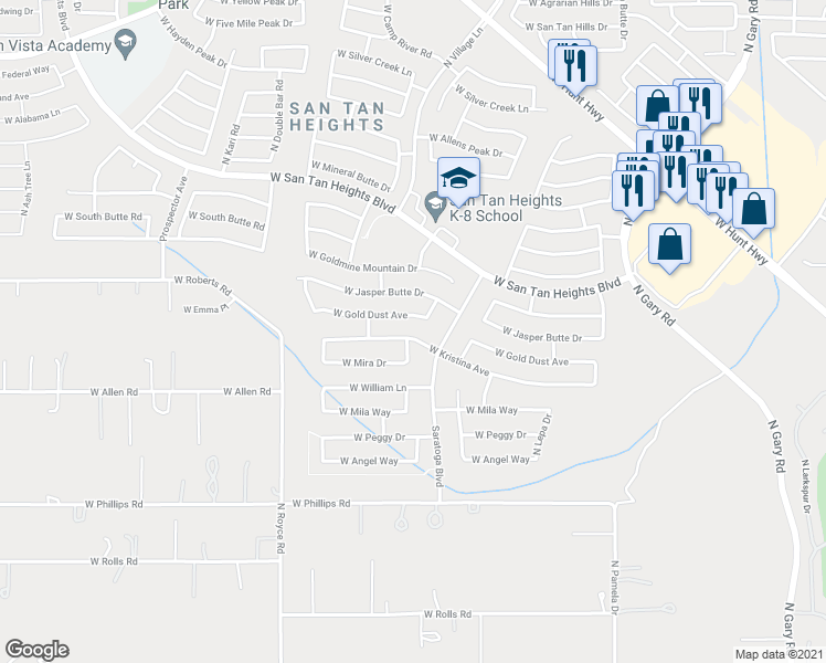 map of restaurants, bars, coffee shops, grocery stores, and more near 2648 West Kristina Avenue in Queen Creek