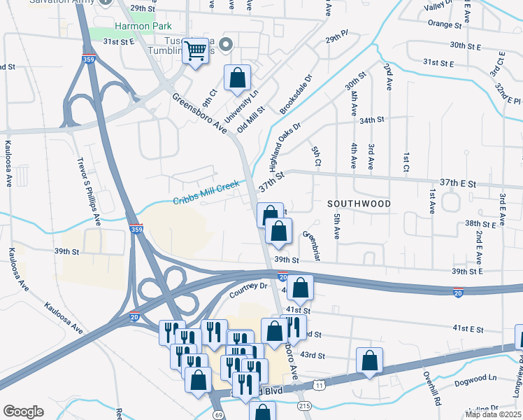 map of restaurants, bars, coffee shops, grocery stores, and more near 626 38th Street in Tuscaloosa