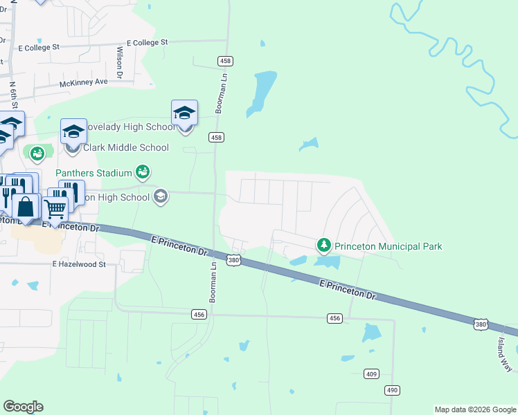 map of restaurants, bars, coffee shops, grocery stores, and more near 1610 East Princeton Drive in Princeton