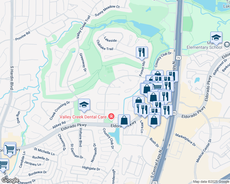 map of restaurants, bars, coffee shops, grocery stores, and more near 2815 Colonial Circle in McKinney