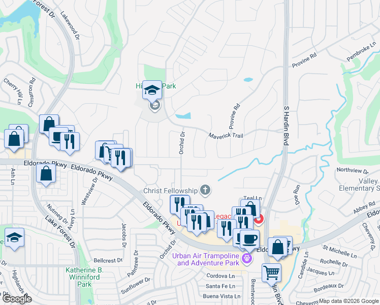 map of restaurants, bars, coffee shops, grocery stores, and more near 3901 Hawkins Drive in McKinney