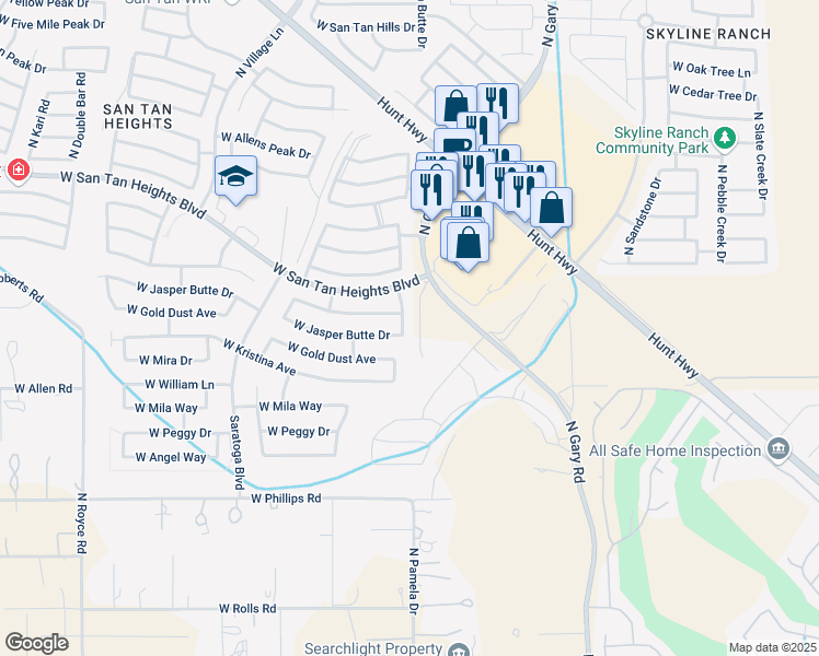 map of restaurants, bars, coffee shops, grocery stores, and more near 32461 North Hidden Canyon Drive in Queen Creek