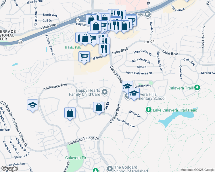 map of restaurants, bars, coffee shops, grocery stores, and more near 3712 Cay Drive in Carlsbad