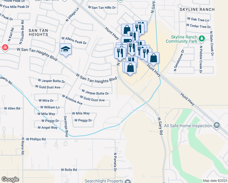 map of restaurants, bars, coffee shops, grocery stores, and more near 32497 North Hidden Canyon Drive in Queen Creek