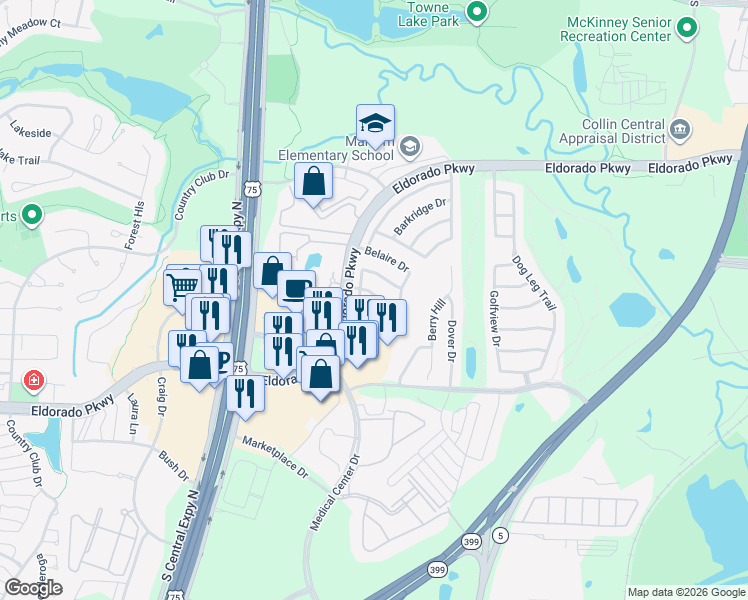 map of restaurants, bars, coffee shops, grocery stores, and more near 1409 Summercrest Lane in McKinney