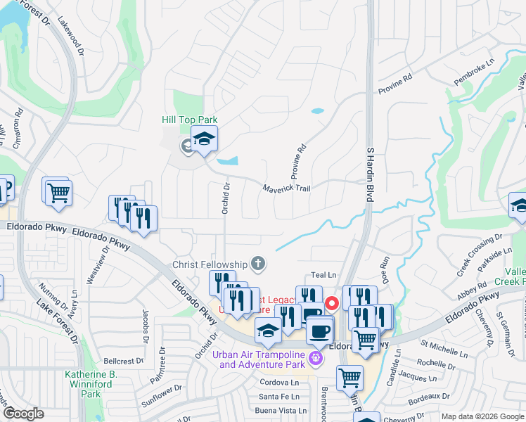 map of restaurants, bars, coffee shops, grocery stores, and more near 3421 Gillespie Road in McKinney