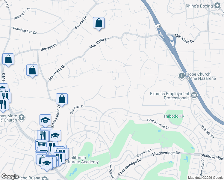 map of restaurants, bars, coffee shops, grocery stores, and more near 707 California Oaks Drive in Vista