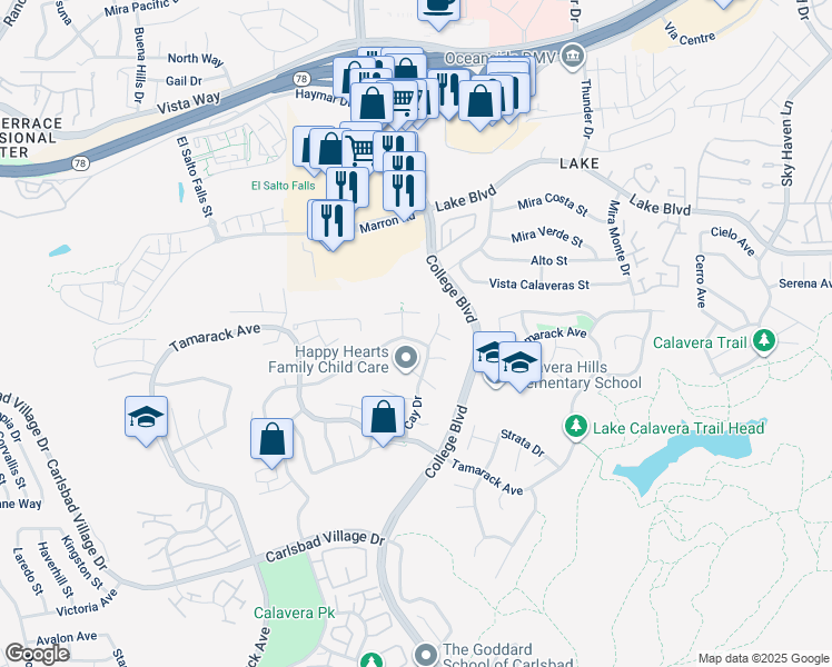 map of restaurants, bars, coffee shops, grocery stores, and more near 3712 Cay Drive in Carlsbad