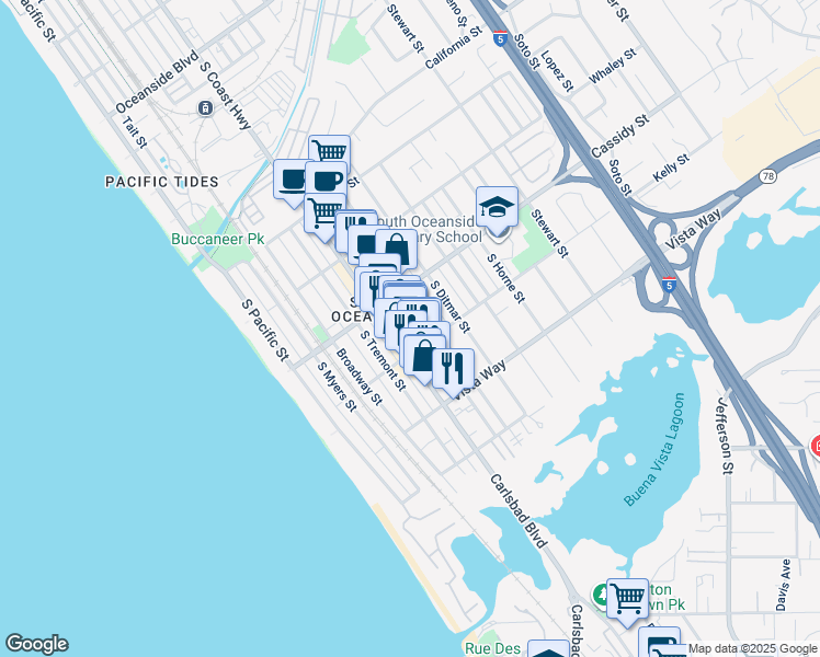 map of restaurants, bars, coffee shops, grocery stores, and more near 1833 South Coast Highway in Oceanside