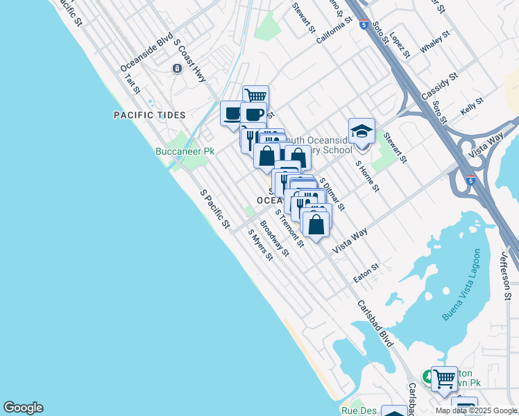 map of restaurants, bars, coffee shops, grocery stores, and more near in Oceanside