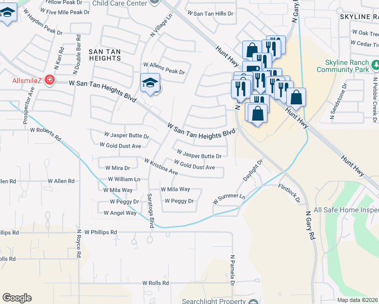 map of restaurants, bars, coffee shops, grocery stores, and more near 2256 West Jasper Butte Drive in Queen Creek