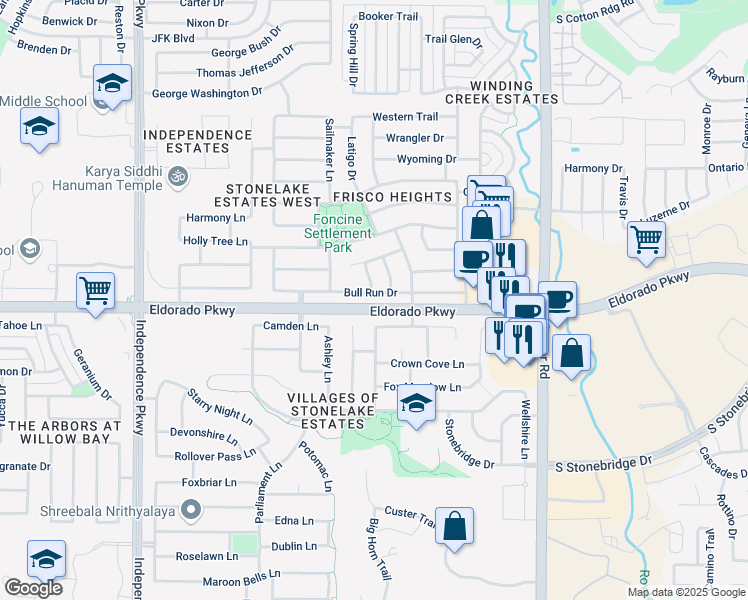 map of restaurants, bars, coffee shops, grocery stores, and more near 15499 Bull Run Drive in Frisco