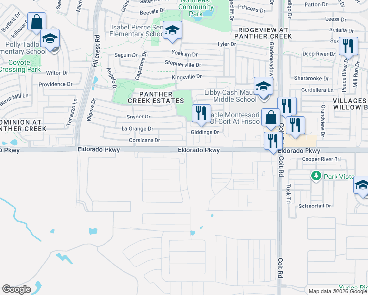 map of restaurants, bars, coffee shops, grocery stores, and more near 11046 Eldorado Parkway in Frisco
