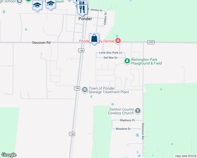 map of restaurants, bars, coffee shops, grocery stores, and more near 301 Fairgrounds lane in Ponder