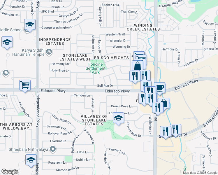 map of restaurants, bars, coffee shops, grocery stores, and more near 15547 Bull Run Drive in Frisco