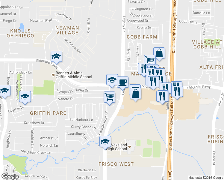 map of restaurants, bars, coffee shops, grocery stores, and more near 4625 Eldorado Pkwy in Frisco