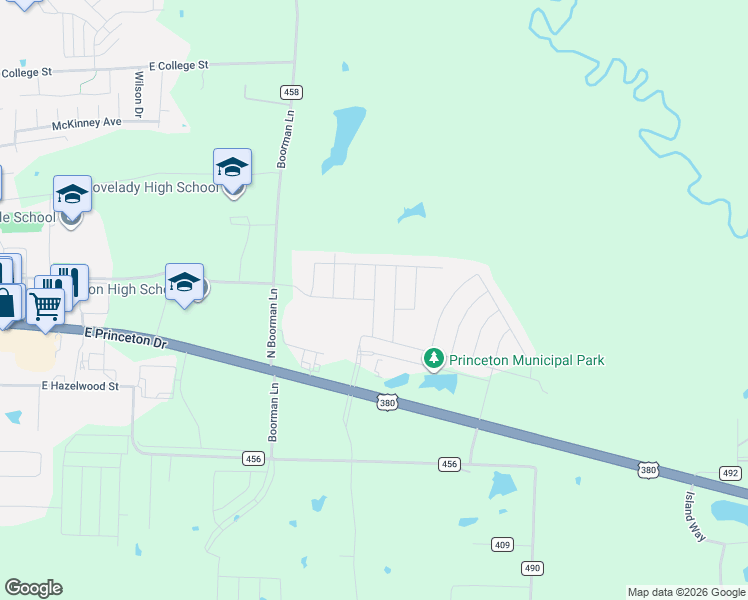 map of restaurants, bars, coffee shops, grocery stores, and more near Honeysuckle Lane in Princeton