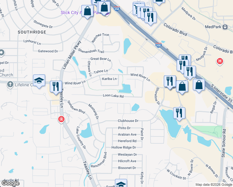 map of restaurants, bars, coffee shops, grocery stores, and more near 2517 Loon Lake Road in Denton