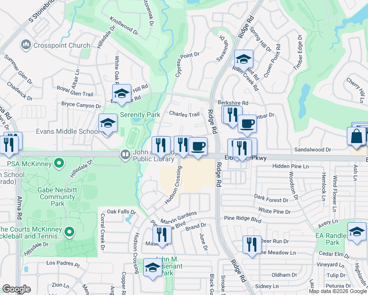 map of restaurants, bars, coffee shops, grocery stores, and more near 6407 Eldorado Parkway in McKinney