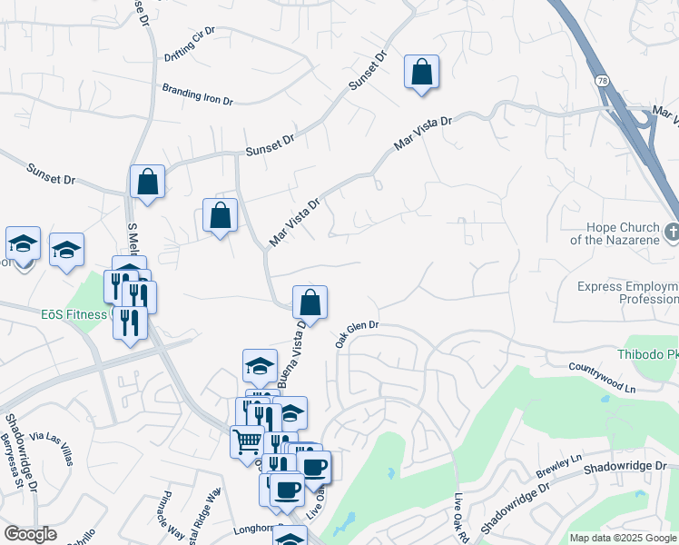 map of restaurants, bars, coffee shops, grocery stores, and more near 1240 Buena Vista Drive in Vista