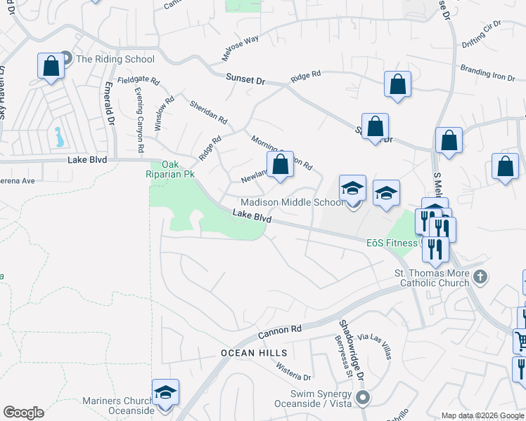 map of restaurants, bars, coffee shops, grocery stores, and more near 3537 Chauncey Road in Oceanside