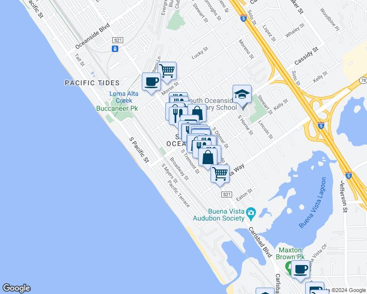 map of restaurants, bars, coffee shops, grocery stores, and more near 1810 Broadway Street in Oceanside