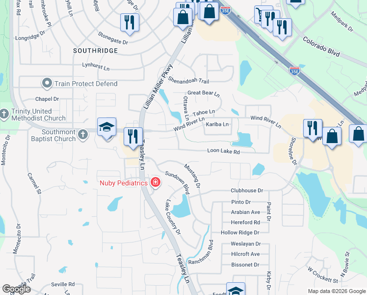 map of restaurants, bars, coffee shops, grocery stores, and more near 3321 Mustang Drive in Denton