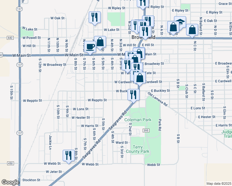 map of restaurants, bars, coffee shops, grocery stores, and more near 301-399 West Reppto Street in Brownfield