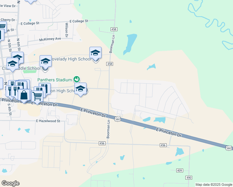 map of restaurants, bars, coffee shops, grocery stores, and more near 1610 East Princeton Drive in Princeton
