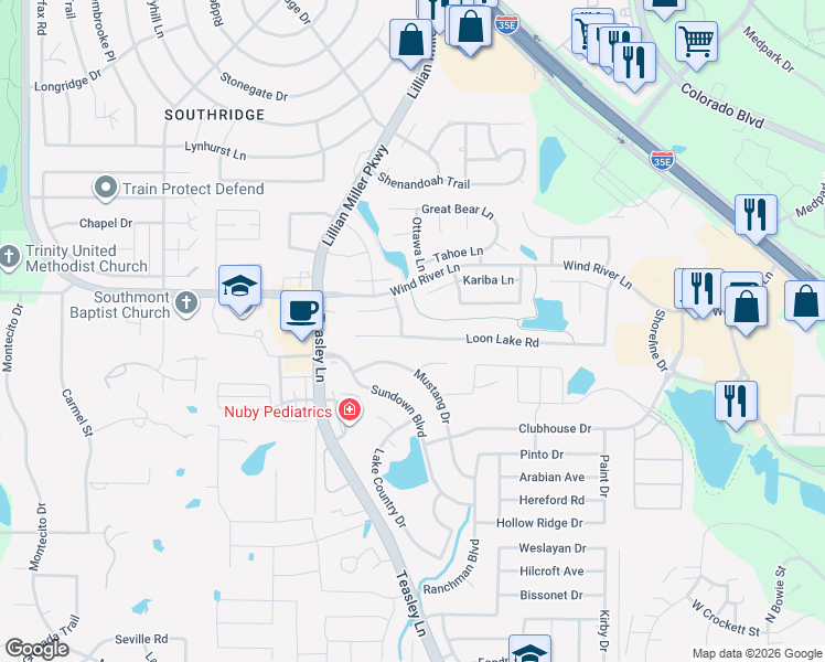 map of restaurants, bars, coffee shops, grocery stores, and more near 3321 Mustang Drive in Denton