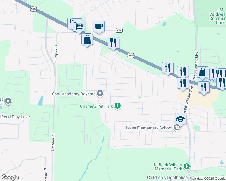 map of restaurants, bars, coffee shops, grocery stores, and more near 314 Lavaca Drive in Princeton