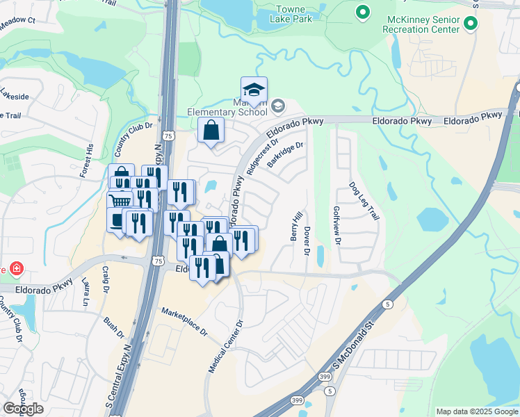 map of restaurants, bars, coffee shops, grocery stores, and more near 1410 Courtland Lane in McKinney