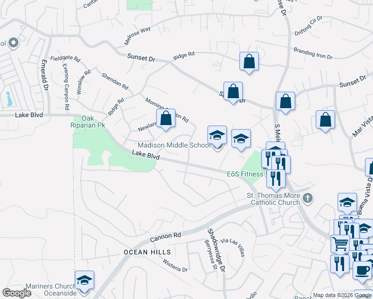 map of restaurants, bars, coffee shops, grocery stores, and more near 3517 Windsor Road in Oceanside