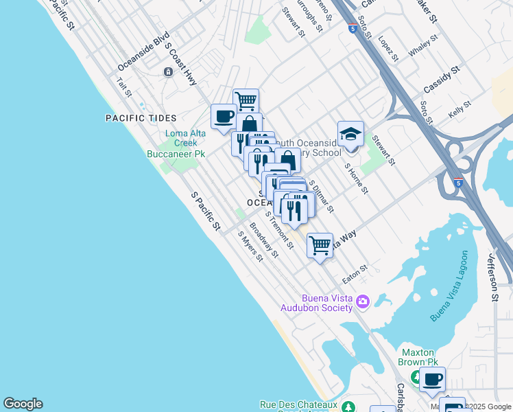 map of restaurants, bars, coffee shops, grocery stores, and more near 1738 South Tremont Street in Oceanside
