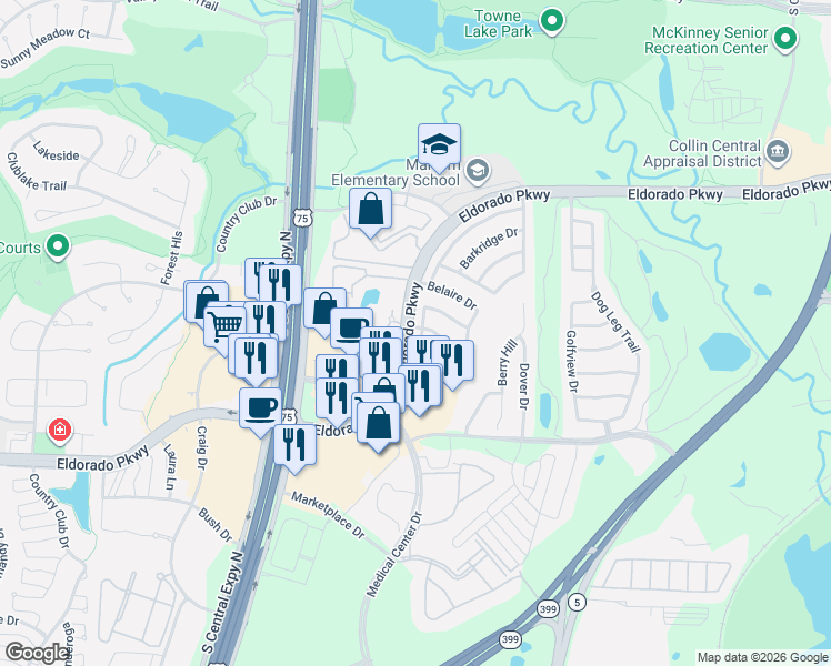 map of restaurants, bars, coffee shops, grocery stores, and more near 1491 Eldorado Parkway in McKinney