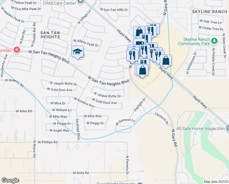 map of restaurants, bars, coffee shops, grocery stores, and more near 2042 West Goldmine Mountain Drive in Queen Creek