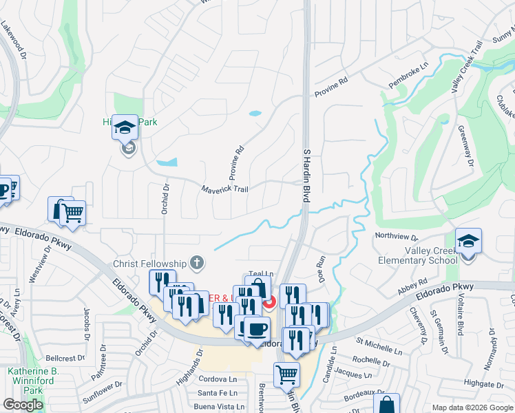 map of restaurants, bars, coffee shops, grocery stores, and more near 2204 Fleming Drive in McKinney