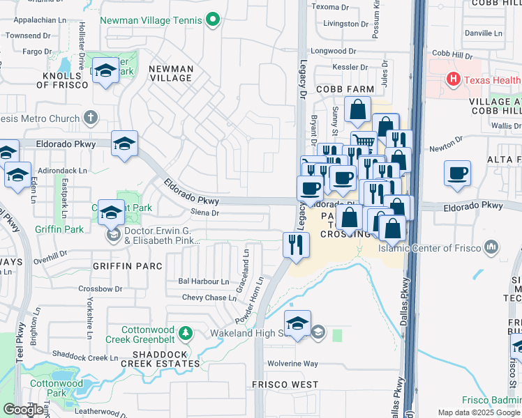 map of restaurants, bars, coffee shops, grocery stores, and more near 4544 Siena Dr in Frisco