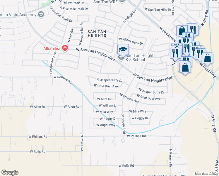 map of restaurants, bars, coffee shops, grocery stores, and more near 2745 West Gold Dust Avenue in Queen Creek