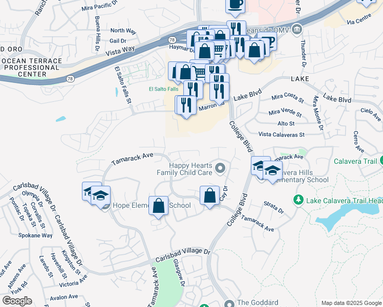 map of restaurants, bars, coffee shops, grocery stores, and more near 3533 Hastings Drive in Carlsbad